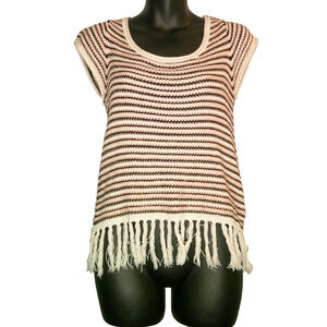 Soho Jeans NY & Co Pink, Black White Striped, Short Sleeve S Knit Sweater Fringe